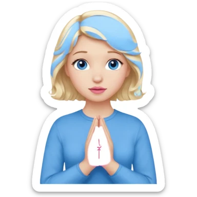 Girl Blonde short wavy hair,  blue eyes, cute blue top, long lashes, pink lips, praying hands sticker