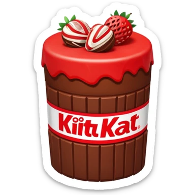 Bolo de chocolate cilíndrico, com fatias de morango em cima e a parede do bolo ao redor de kitkat sticker