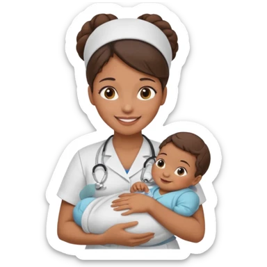 Female nurse smiling with a hair bun on top of head with medium brown skin and brown eyes holding one new born  sticker