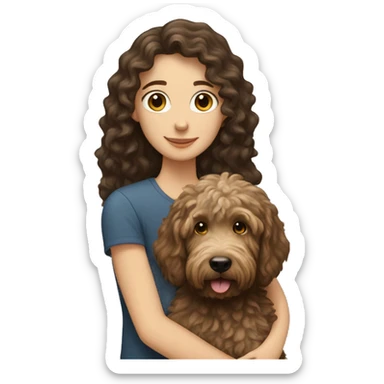a white girl with long, brown hair, hugging a black coated labradoodle. adding a white man with curly blonde hair. sticker