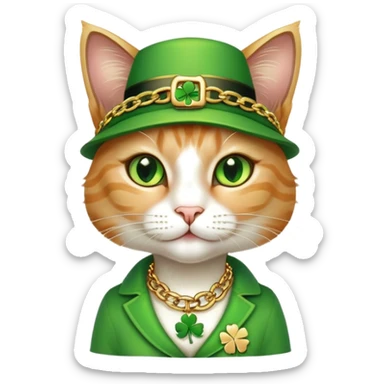 female cat dressed in hip-hop Run DMC style, green outfit, shamrock accessories, gold chains, bling, St. Patrick's Day sticker