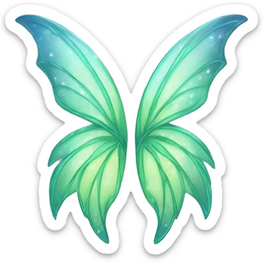 Create an emoji-style image of a pair of fairy wings. The wings should be primarily light green with subtle blue accents. They should have a shimmering, glittery effect to make them look magical and ethereal. sticker