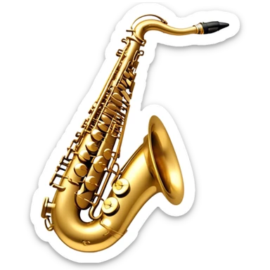 Create a sleek and sophisticated emoji representing the Selmer Super Action 80 Series II saxophone. The design should feature the smooth, golden brass body of the saxophone with its shiny keys and beautiful curves. Highlight the iconic bell of the saxophone and the fine details of the keywork, including the pads and springs. Include the mouthpiece at the top with a reed visible, capturing its essential role in sound production. Use rich gold and brass tones for the instrument with subtle light reflections to enhance its professional appearance. Add musical notes floating around the saxophone to evoke its smooth, jazzy sound. The background should be transparent. sticker