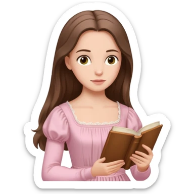  white long brunette hair girl with hazel eyes in light pink reading Pride and Prejudice sticker