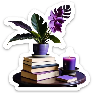 An elegant still life composition featuring a carefully arranged stack of books in shades of light and dark violet, their covers slightly worn, hinting at wisdom and time. A gracefully potted monstera plant with lavender-colored leaves extends its delicate, sculptural foliage, casting soft shadows. A glass candle holder in a rich purple orchid hue sits nearby, its surface reflecting ambient light. To complete the scene, a silky mauve ribbon drapes over the books, and a subtle lilac-hued ceramic vase holds a single dried flower, enhancing the refined and serene atmosphere. sticker