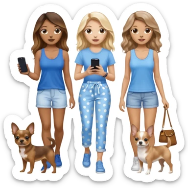 Three women in summer clothes holding iPhone, hazel eyed light skin with dark blonde long hair and light skin Brown eyed brown long wavy hair, blue eyed light skin long blonde hair walking 2 different dogs that are blue spotted Merle Frenchie, black and tan chihuahua  sticker