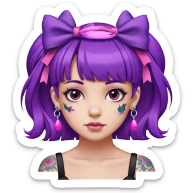 girl with bangs and purple hair and pink hairbow on the side of head and earrings and tattoos sticker