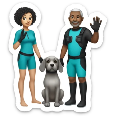 40 year old woman with light brown skin and short curly black hair, holding the hand of a 50 year old white man with short gray hair, both people dressed in snorkel gear sticker