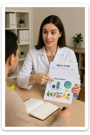 a nutritionist sits at a desk with a client, showing a personalized meal plan and a chart that clearly displays the client’s specific daily caloric deficit. The nutritionist points to the chart, which includes recommended calories, macronutrient breakdown, and healthy food options. The mood is professional, supportive, and educational. in italiano sticker