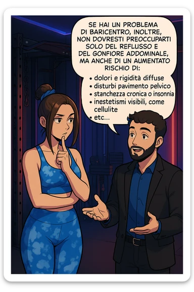 TRASFORMA QUESTO CAROSELLO IN UN FUMETTO STILE WEBTOON/MANGA A COLORI CON QUESTE DUE PERSONE IDENTICHE CHE INTERLOQUISCONO TRA LORO, L'uomo sta spiegando alla donna questo concetto MENTRE LA DONNA SI TIENE L'INDICE SUL MENTO ASCOLTANDOLO PENSIEROSA:

Se hai un problema di baricentro, inoltre, non dovresti preoccuparti solo del reflusso e del gonfiore addominale, ma anche di un aumentato rischio di:
    • dolori e rigidità diffuse
    • disturbi pavimento pelvico
    • stanchezza cronica o insonnia
    • inestetismi visibili, come celluluite
    • etc… sticker