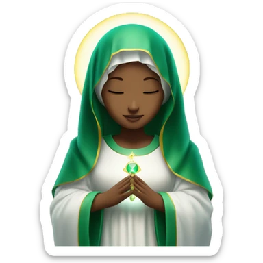 Virgin Mary: kind face looking down at the left Wearing an emerald green  robe and white veil. Hands in prayer or blessing. Halo around her head. standing on a crescent moon.  sticker