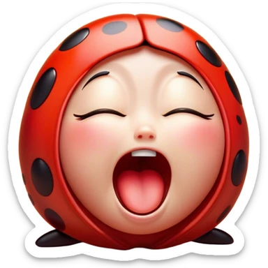 Cinematic Adorable Yawning Ladybug Portrait Emoji, Head tilted slightly with a dramatic, wide-open yawn, showcasing a small, rounded form with softly drooping wings and sleepy, half-closed eyes, Simplified yet irresistibly cute features, highly detailed, glowing with a soft, cozy red glow, high shine, relaxed yet expressive, stylized with a dash of whimsical nature charm, soft glowing outline, capturing the essence of a drowsy ladybug that appears ready to stretch and yawn its way out of the screen! sticker