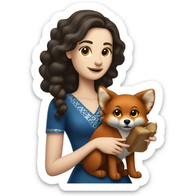 White girl in a dress for Hanukkah with longer wavier dark brown hair holding a menorah with her red fox lookalike dog  sticker