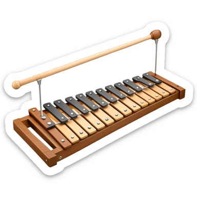 Create a vibrant and detailed emoji representing a Fleet FLT-SX37 xylophone. The design should feature the sleek wooden keys of the xylophone, arranged neatly on the frame, with metal bars clearly visible. Add the mallets placed beside the instrument or in motion, highlighting their soft rubber heads. Use warm, natural wood tones for the keys, with subtle metallic accents to reflect the professional quality of the instrument. Add small musical notes or soundwaves around the xylophone to evoke its bright, percussive sound. The background should be transparent. sticker
