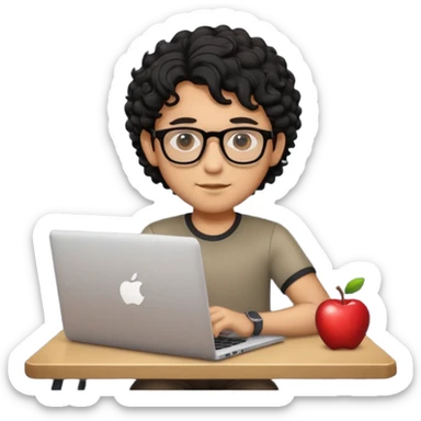 memoji of a man with a laptop in front, apple-style, modern, dark add a curly hair and glasses sticker