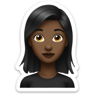 Dark-skinned woman, straight black hair, not too short or too long, with waves (not too marked), with a black t-shirt, brown eyes and eyeliner sticker