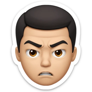 Create a 3D cartoon-style boy character with light brown skin, short straight black hair swept to one side covering part of his forehead, and an angry or annoyed expression. Sharp eyebrows, narrowed eyes, and lips pressed in irritation. sticker