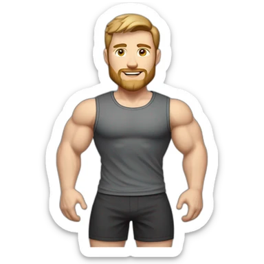 Full height Pale skinned fit man With biceps, Realistic eyes and mouth, light brown hair and stubble In dark gray sleeveless mike, black oversize sports shorts, watch and white sneakers. sticker