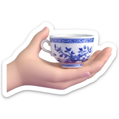 human hand holding a small traditional Chinese blue and white porcelain tea cup without handle sticker