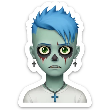 zombie boy with spiky emo blue hair and white shirt , tattos, a risk on the eyebrow, earings,  a necklace with a cross, green skin emoji  sticker