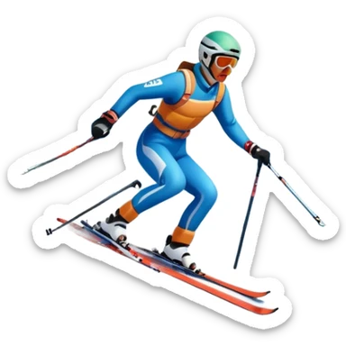 An icon featuring snowy peaks, pine trees, and a picturesque mountain landscape with a skier racing down a snow-covered slope, The sky is blue with soft clouds, capturing the thrill and beauty of alpine skiing. Transparent background highlights the excitement and serenity of winter sports. sticker