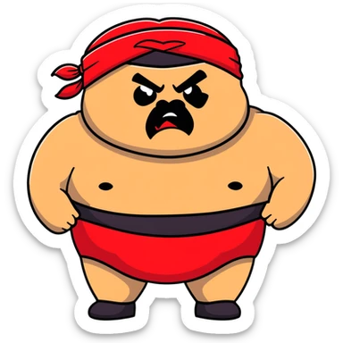 Extreme close-up of face of morbidly obese white skin guy with young face, prominent BLACK DURAG tied clearly on head, distinct black beard and mustache, black eyes in a red and black wrestling singlet with angry expression sticker