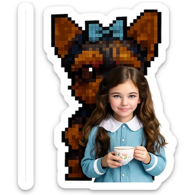 Make the yorkie dog much bigger, keep the 11 year old girl with freckles and long wavy brown hair, preserve the look of pixel art style, no background. sticker
