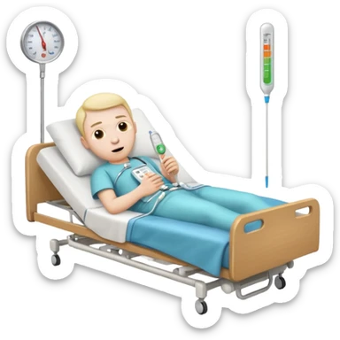 man sick in hospital bed full body thermometer in mouth emoji style sticker