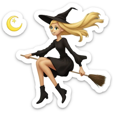 Slender sensual young Witch with waistlong brown and blonde hair, silhuette on broom flying in sky sticker