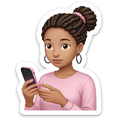 Dark brown woman wearing a light pink shirt and dreadlocks in bun texting on a Light pink phone sticker