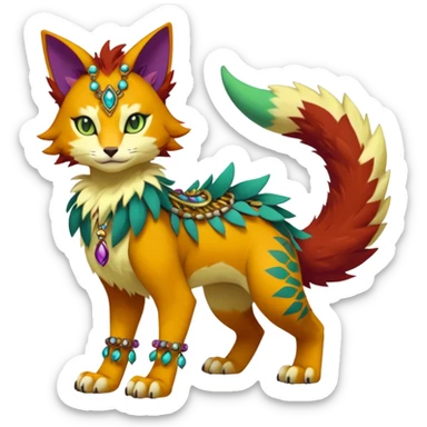 Kawaii cute reddish orangish yellowish greenish purplish exotic tribal beautiful pretty elegant divine edgy feline-vernid-sergal-Fakémon-Pokémon-Digimon-fursona-animal-creature with accessories, jewelries, full body, with intricate detailed markings sticker