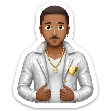 Marques Houston with dark brown hair, white sequin jacket, shirtless with necklace sticker
