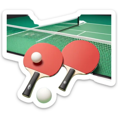 Two table tennis paddles and a ball placed on a ping pong table, with the net in the background. The scene conveys the simplicity and focus of the sport, with vibrant colors highlighting the rackets and ball on the smooth surface of the table. sticker