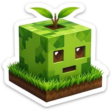 A 3D Apple-style emoji of a Minecraft grass block, cubic shape, with bright green grass on top and brown soil with pixel texture on the sides, simple and cute cartoon design. sticker