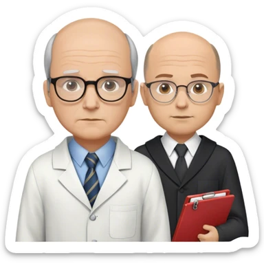 Create two side-by-side emojis:
Joseph Wolpe: Serious, glasses, balding, button-up with tie, clipboard.
Hans Eysenck: Confident, glasses, academic robe, research paper.
Both characters should be next to each other sticker