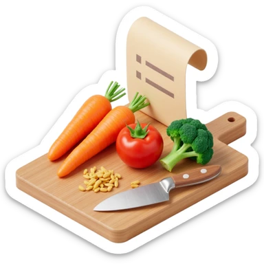 carrot tomato brocoli on the wooden cutting board with floating rolled paper list sticker