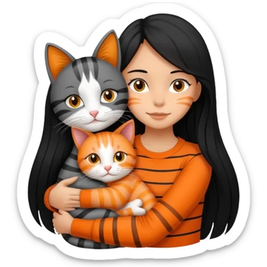 A clean girl with black long hair hugging an orange and a gray cat, both with stripes  sticker