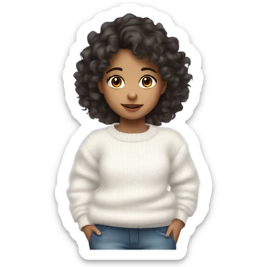 Young cute girl with dark wavy hair in white fluffy sweater sticker