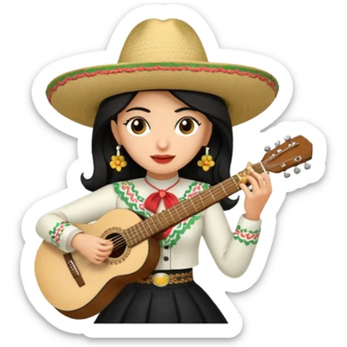 Mujer blanca con cabello negro teniendo un sombrero de mariachi sosteniendo una guitarra sticker