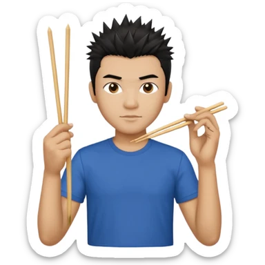 Make it a vietnamese male with spiky black hair holding only ONE pair of chopsticks in one hand, t-shirt sticker