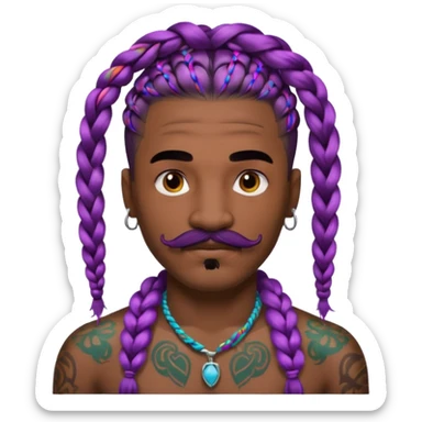 big lose braids starting from the top of the head man with mustache face wiith big visible braids and lots and lots of colored face tattoos colored tattoos like a tattoo artist hair unique color sticker