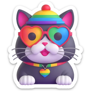 cat wearing a rainbow beanie and heart-shaped sunglasses sticker