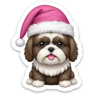 one little white all over shih tzu dog with pink santa hat and one mostly white with black havanese dog wearing a red santa hat sticker