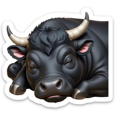 Meme-Worthy Cute Sleeping Black Bull Portrait Emoji, Head resting peacefully with a contented smile, showcasing a robust, massive build and a luxuriously soft pure black hide, eyes shut in a serene, restful nap, Simplified yet hilariously adorable features, highly detailed, glowing with a soft, drowsy light, high shine, relaxed and utterly lovable, stylized with an air of playful laziness, bright and heartwarming, soft glowing outline, capturing the essence of a comically sleepy guardian, so meme-worthy it feels like it could instantly become the next viral sensation of adorable slumber! sticker