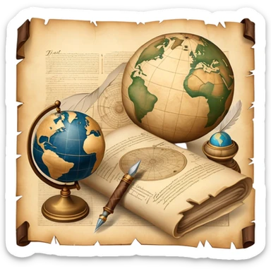 An icon featuring an ancient scroll, a quill pen, and a globe, symbolizing the study of history. The design includes a timeline with significant historical events, with ruins in the background to evoke past civilizations. Transparent background emphasizes the exploration of human history sticker