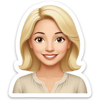 Warm-hearted Linette Torres, Puerto Rican actress in her 50s with light skin, extremely loving expression, bright gentle eyes, sweet welcoming smile, elegant blonde hair, wearing a simple relaxed blouse sticker