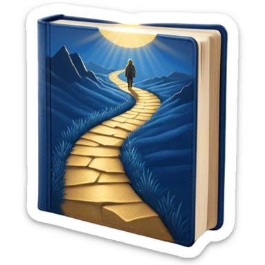 A deep blue-to-golden sunrise book with a textured, aged cover, featuring a lone figure on a path, a ray of light, or a tree with deep roots, radiating hope, purpose, and the power of finding meaning in adversity. sticker