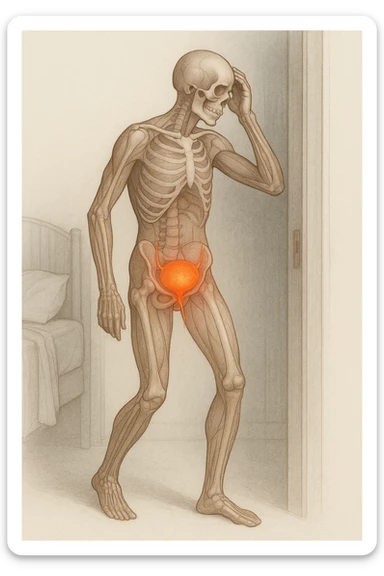 CORPO UMANO ANATOMICO CHE SI SVEGLIA LA NOTTE PER SVUOTARE LA VESCICA, VESCICA ANATOMICA IN EVIDENZA, SFONDO CHIARO NEUTRO sticker