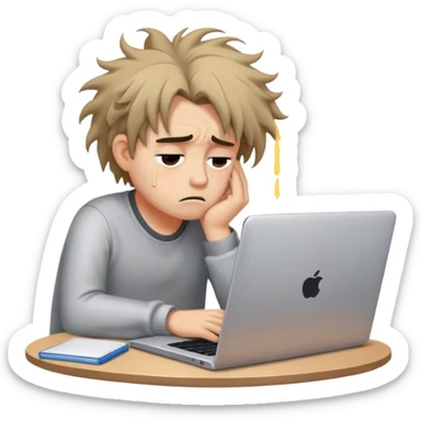 Create an emoji of a tired person sitting at a laptop, looking exhausted and frustrated. They have slouched posture and messy hair, representing overwork and burnout. sticker
