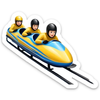 An icon featuring a sleek bobsled with athletes racing down an icy track at high speed, helmets on and bodies aligned for aerodynamics. The scene is set in a stunning snowy mountain valley with pine trees, spectators, and crisp blue sky. Transparent background captures the thrill of bobsleigh. sticker